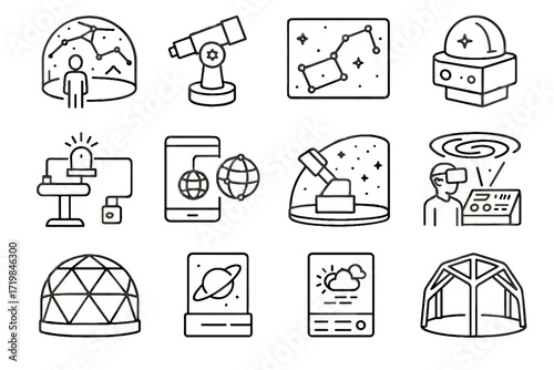 Automated calibration system icon immersive vector module weather futuristic observation planetarium icons