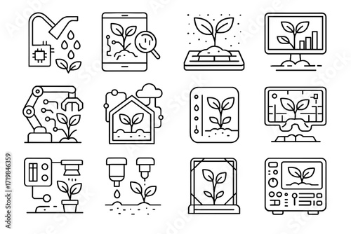 Panel greenhouse irrigation futuristic watering module vector pruning garden icons icon connected