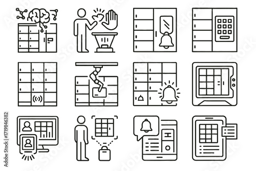 Keypad system scanner compartments module smart locker frame icons icon access vector