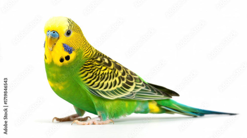 Obraz premium A beautiful green and yellow budgerigar isolated on white background, also known as a parakeet, perched and looking to the side