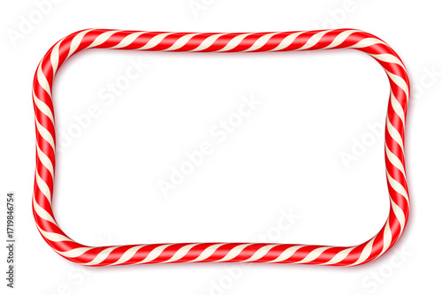 Candy cane frame in red and white twisted stripe design with rounded corners. Christmas holiday border for greeting cards, posters, or festive messages. Realistic vector illustration.