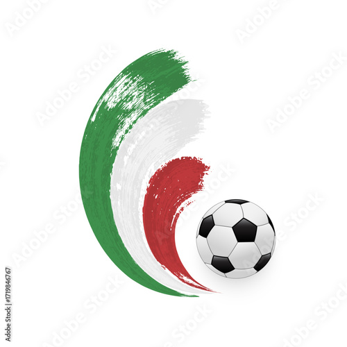 Italian flag made of brush strokes with soccer ball. Grunge Italian national symbol for sport, holiday, travel, culture, celebration themes. Vector illustration.