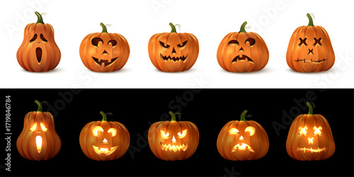 Halloween pumpkin set day and night with carved faces glowing in dark and unlit in light. Scary, funny, stitched jack lantern expressions for spooky holiday decoration. Festive vector illustration.