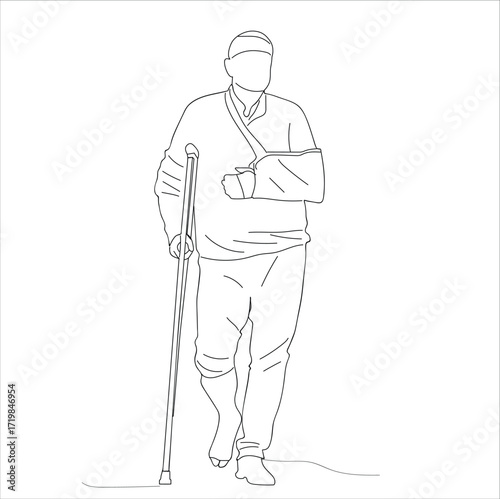 man using a cane because of a broken leg. A man with a broken arm and leg Man with injuries Fracture 