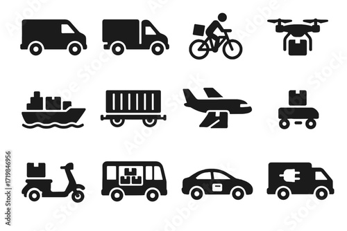 Freight vehicle drone goods cart delivery icons container vector box fleet van