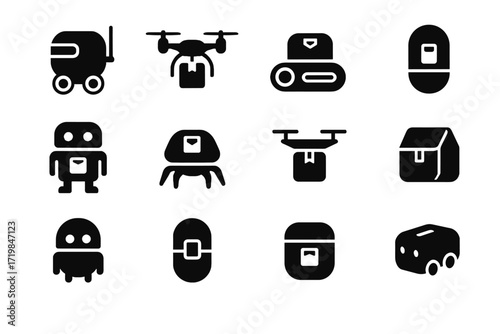 Devices container capsule drone parcel nano vector bot delivery icon courier miniature