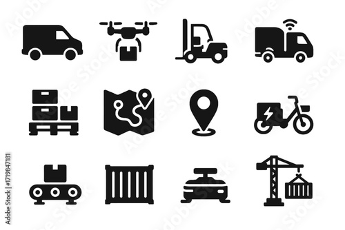 Icon electric vector tracker cargo bike logistics container truck warehouse stack set