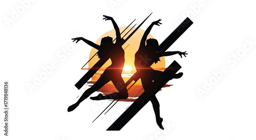 Two graceful dancers silhouetted against a vibrant sunset, embodying movement and artistic expression.