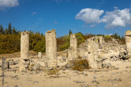 Pobiti Kamani, Stone Forest near Varna, Bulgaria, rock phenomenon. Famous natural landmark featuring ancient stone pillars in a unique sandy landscape