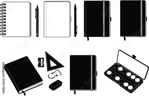 Black and white stationery set illustration, notebooks pens eraser sharpener ruler palette, school office supplies, vector design, creative writing tools