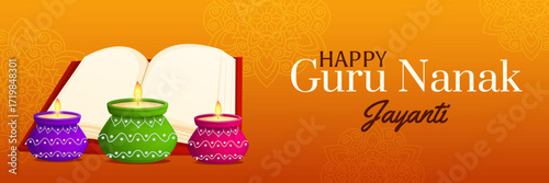 Guru Nanak Jayanti festival banner with open holy book and traditional diya lamps on background decorated with mandala.