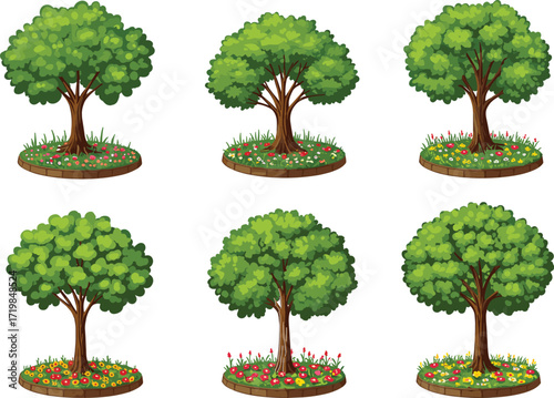 Green garden trees illustration, round flower bed design, outdoor nature vector, seasonal park foliage, decorative landscape plants, spring summer background