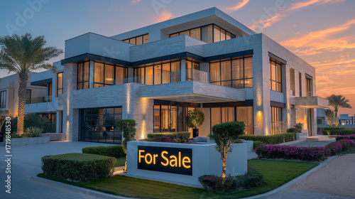 Modern luxury villa for sale in Dubai at dusk with illuminated interior, marble facade, palm trees, and landscaped garden
