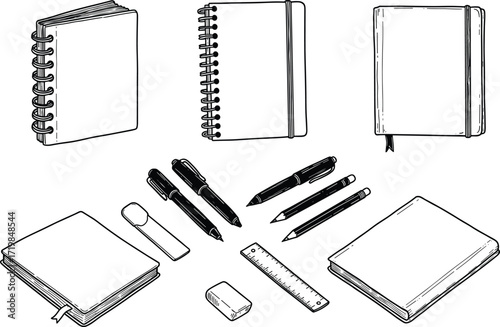 Hand drawn stationery set illustration, notebooks pens pencils ruler eraser, office school supplies, sketch style, vector design, writing essentials