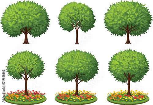 Green leafy trees illustration, garden flower bed design, outdoor nature plants, decorative seasonal landscape, park environment vector, spring summer foliage background