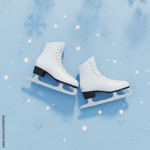 A pair of white figure skates on a pastel blue background with scattered snowflakes and glitter