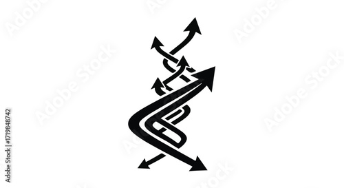Intertwined arrows symbolizing complex challenges and forward momentum towards a goal.
