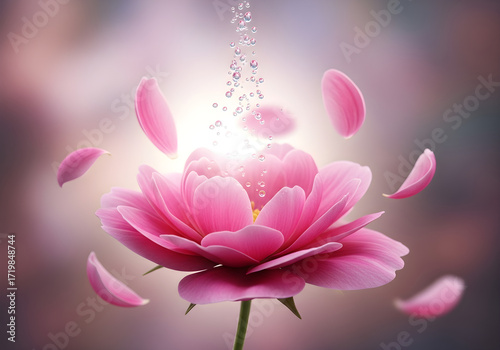 Graceful Bloom Captivating Pink Flower with Sparkling Water and Floating Petals