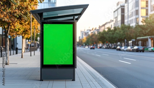 Urban Bus Stop Advertisement Mockup with Green Screen in Cityscape