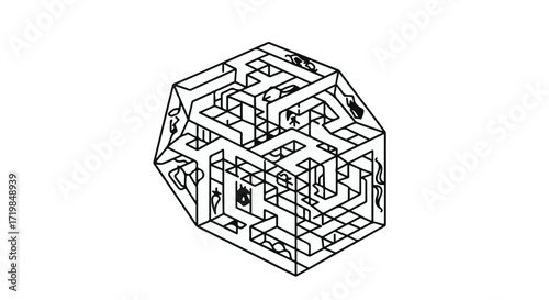 Complex geometric maze structure, an intricate puzzle of interconnected pathways and walls.