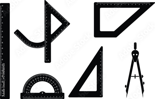 Silhouette geometry tools set, ruler, compass, protractor, triangle, measuring instruments, vector illustration, math supplies, drafting equipment, school design accessories, technical drawing kit