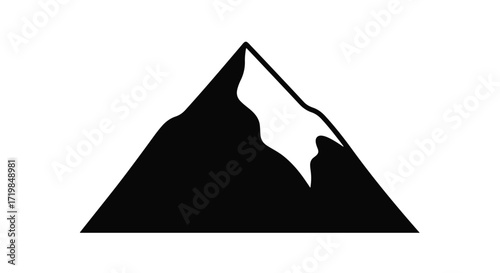 Bold black silhouette of a majestic mountain peak with snowy accents against a clean white background