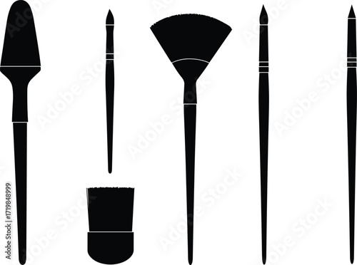Silhouette paint brushes collection, artistic tools set, vector illustration, creative drawing accessories, professional painting supplies, design elements for artists, digital art equipment