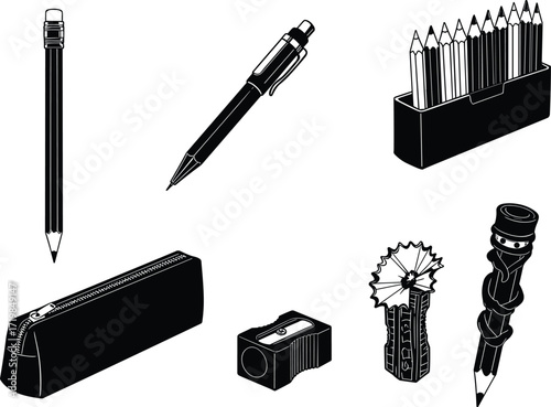 Vector illustration of pencils, pens, sharpener, shavings, pencil case, stationery items, office supplies, school tools, study equipment, black design elements