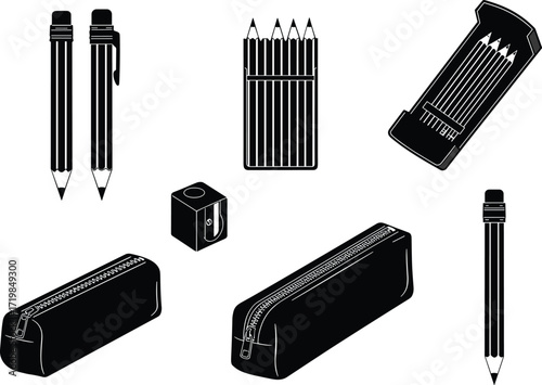 Vector illustration of pencils, sharpeners, pencil case, stationery items, drawing tools, office supplies, school equipment, black silhouette, study accessories, design elements
