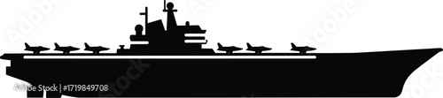 Silhouette vector illustration of an aircraft carrier ship with airplanes scalable eps graphic