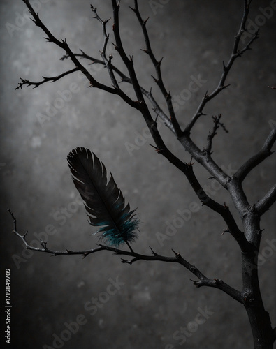 Dark moody still life with a single feather on a thorny black branch