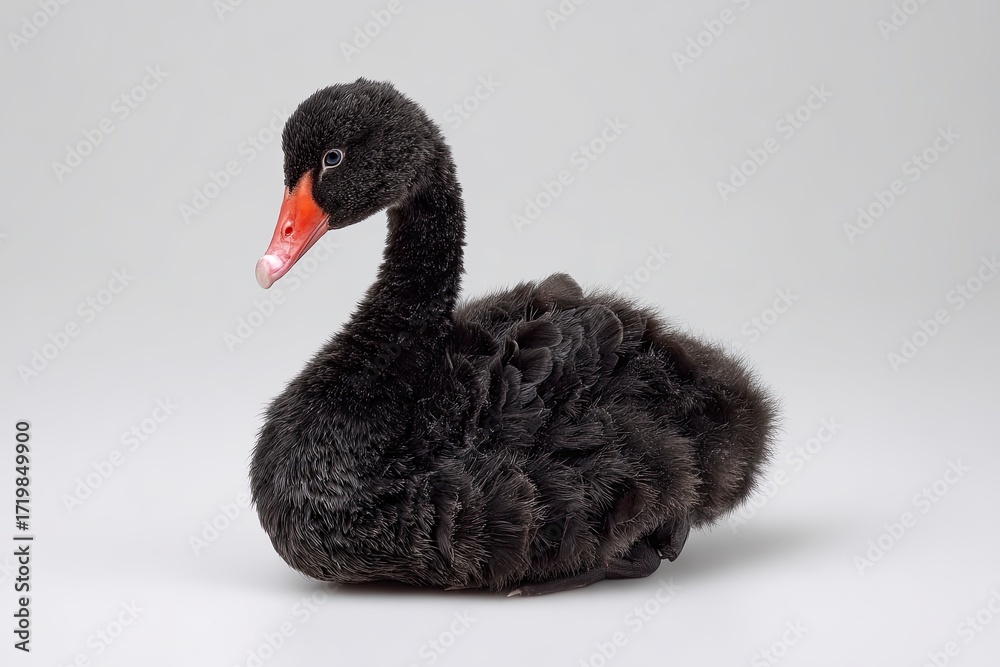 Fototapeta premium Black Baby Swan with Fluffy Feathers and Orange Beak on Light Gray Background