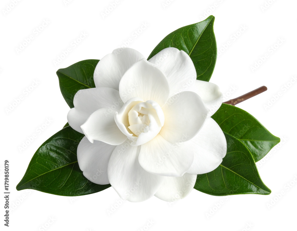 Naklejka premium A single white gardenia flower in full bloom, surrounded by a few deep green glossy leaves, soft shadow and high detail of velvety petals, isolated on a transparent background.