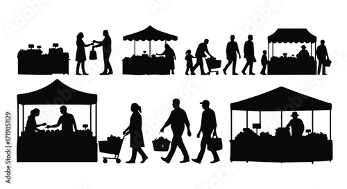 Silhouettes of people shopping at outdoor market stalls, showcasing commerce and community