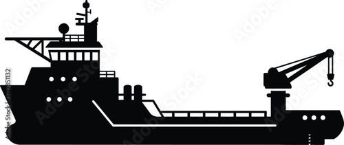 Scalable silhouette vector illustration of a modern cargo ship with crane eps file