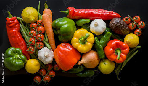 Top View of Assorted Vegetables, Peppers, Tomato, Garlic, Avocado, Lemon, Padrons, Green Pea, Onion, Carrots, Healthy Mediterranean Diet