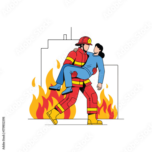 Firefighter Saving Woman From Building Fire Vector