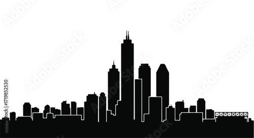 Modern city skyline silhouette against a bright white background, symbolizing urban development and progress.