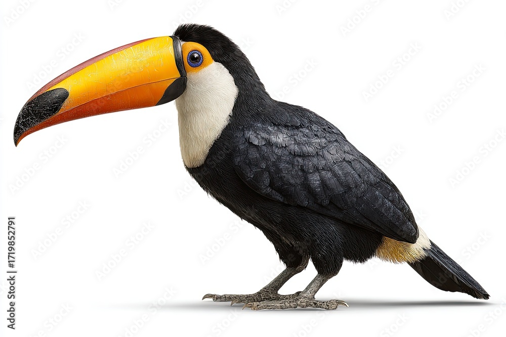 Naklejka premium Colorful Toucan Bird with Large Beak Standing on White Background