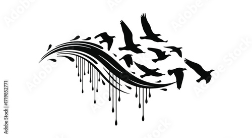 Flock of birds soaring gracefully through a stylized, flowing wave formation.