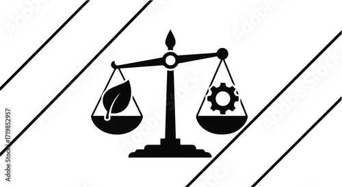 Balancing nature and industry on scales of justice, symbolizing sustainable development and environmental responsibility.