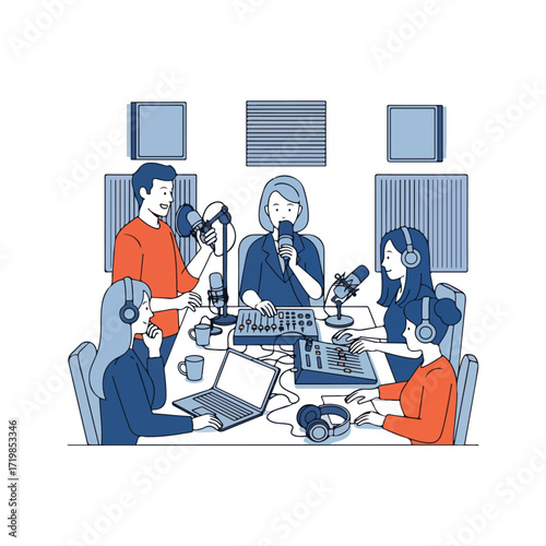 Podcast Team Recording in Sound Studio Illustration