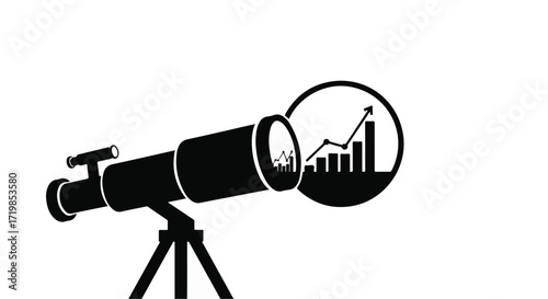 Telescope focused on a rising business growth chart, symbolizing future success and financial insights.