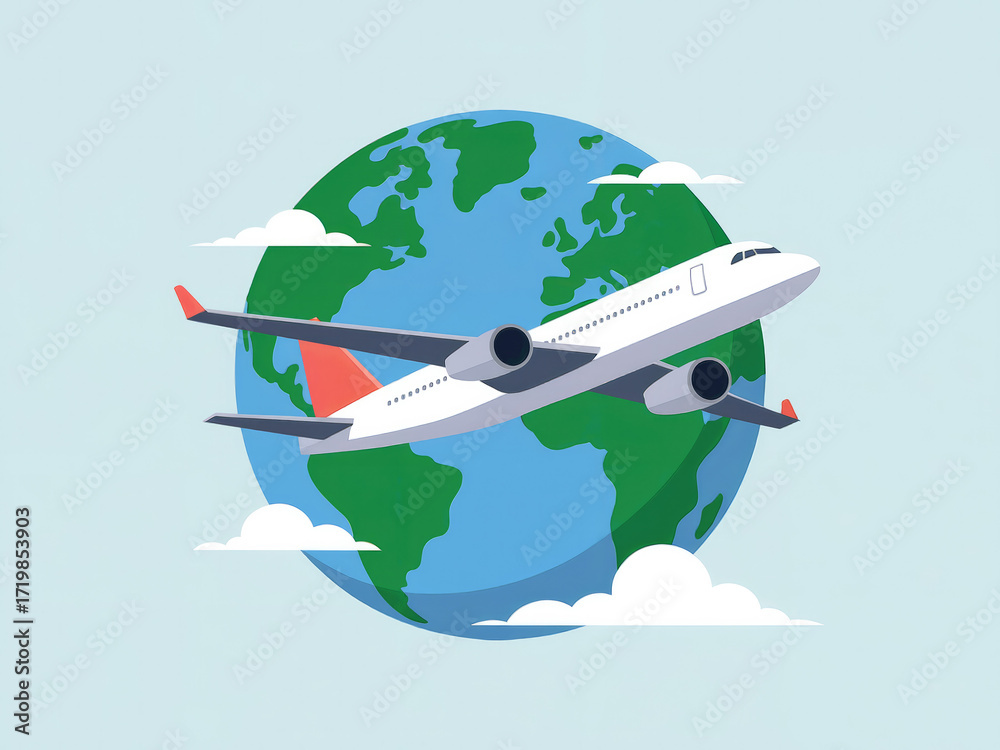 Obraz premium Airplane flying around globe illustration, travel and tourism concept, world journey, international flight, vacation trip, aviation industry background