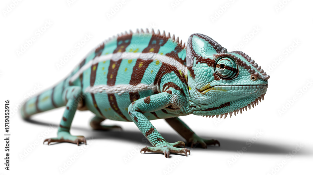 Obraz premium A beautiful panther chameleon isolated on white background, showcasing its vibrant colors and intricate patterns in a captivating studio shot