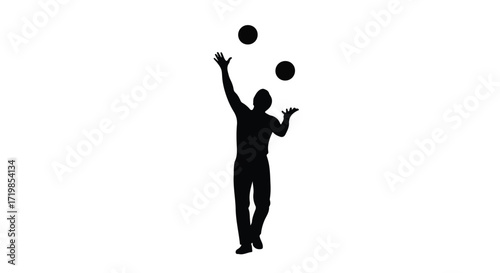 Silhouette of a person skillfully juggling three balls against a white background.