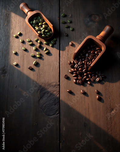 Green and roasted coffee beans in wooden scoops on a rustic table with morning light