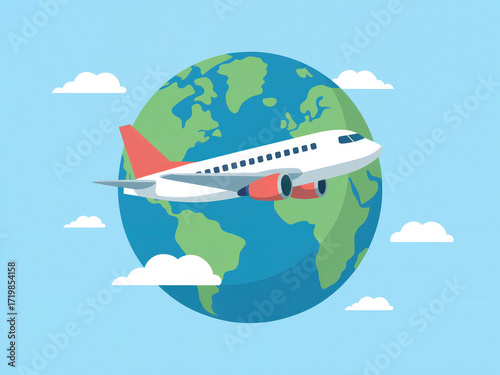 Airplane flying around globe illustration, travel and tourism concept, world journey, international flight, vacation trip, aviation industry background