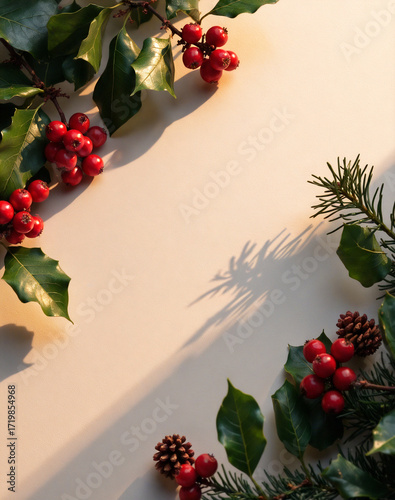 Festive Christmas background with holly berry and pine frame in warm sunlight