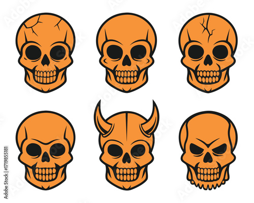 Collection of Orange Skull Illustrations for Halloween with Devil, Cracked, and Evil Skulls